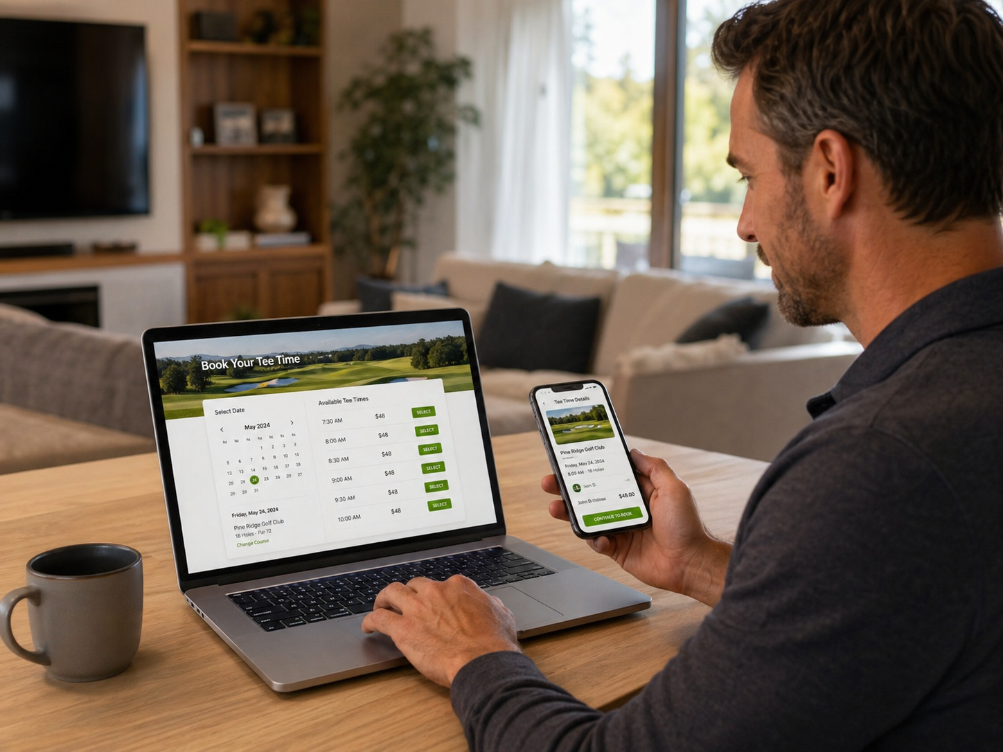 Gentleman booking a tee time online from his home.