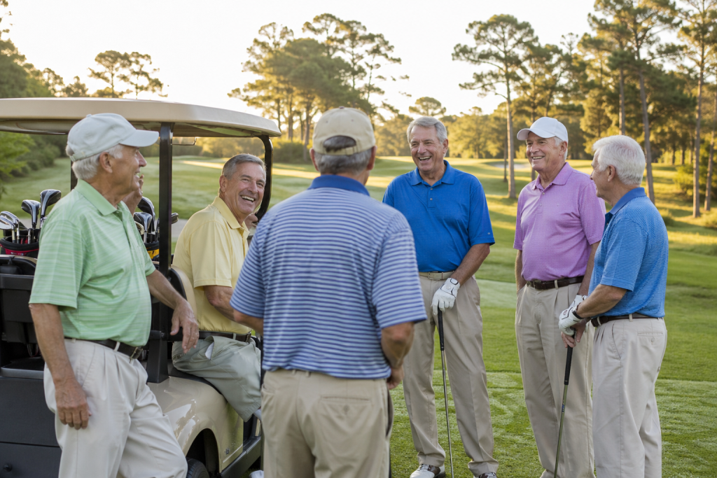 Mature group of men gathered on the golf course smiling and laughing.