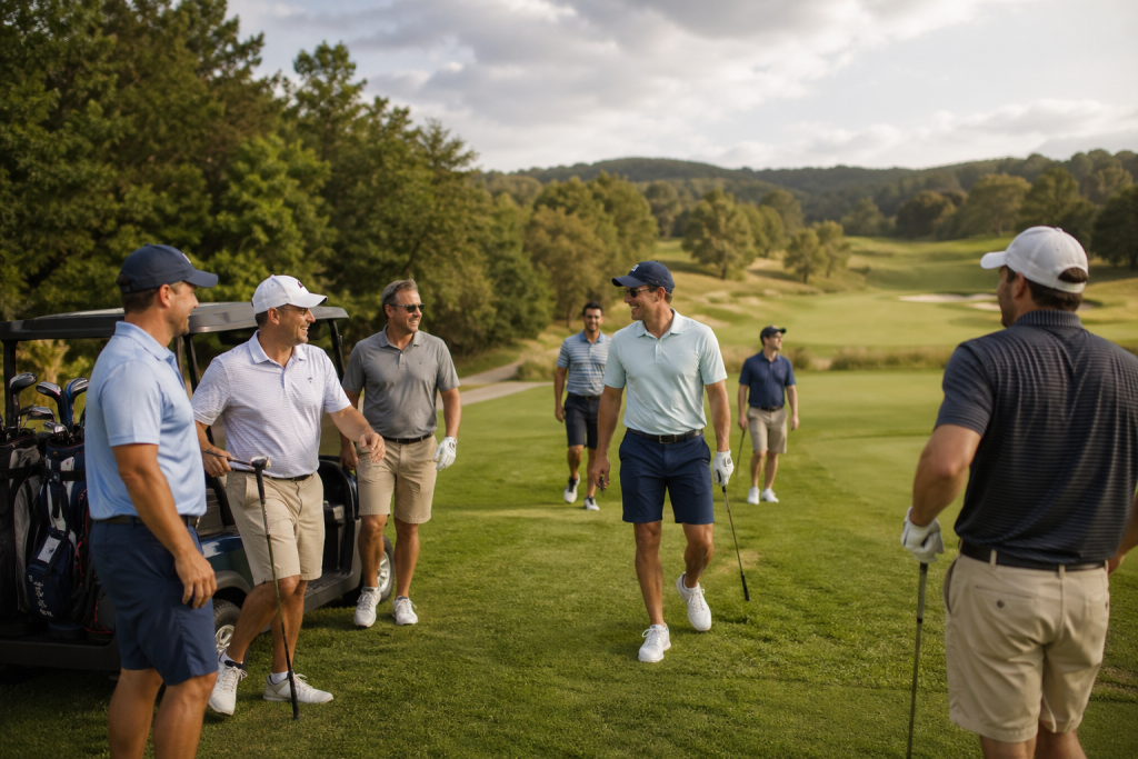 A group of men out on the course during a golf outing event.