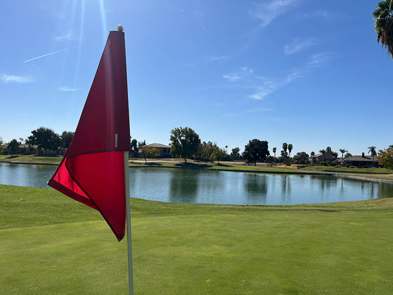 Close-up of a red flag on a golf green beside a calm lake, with trees, homes, and palm trees across the water under a clear blue sky.